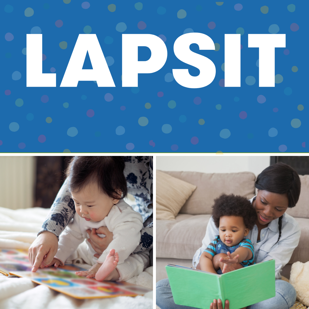 Babies reading books while sitting in their parents's laps. Blue background with white text: Lapsit.