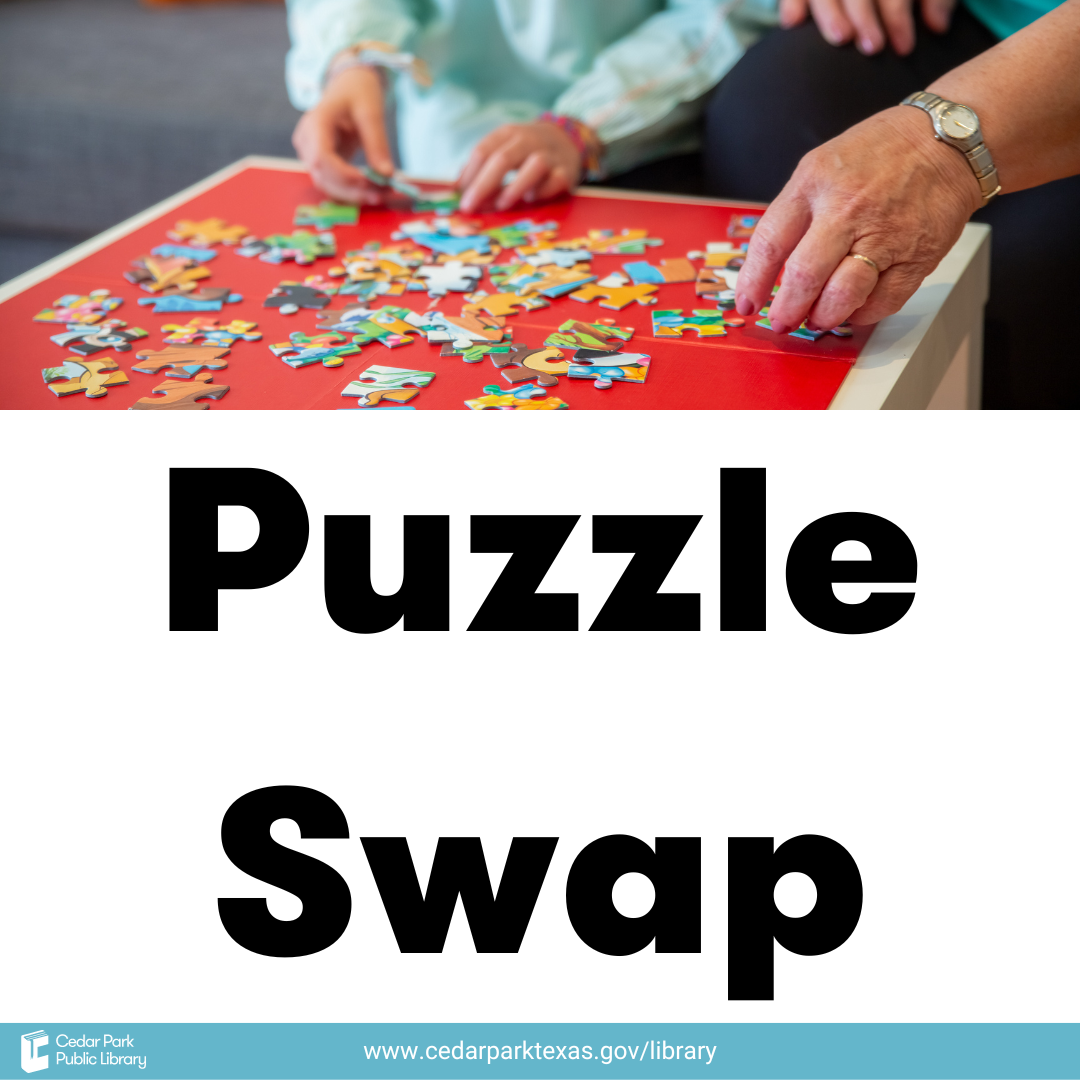 Two individuals putting together a puzzle with text: Puzzle Swap