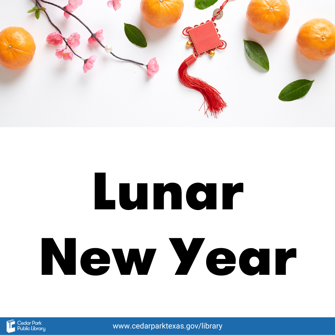 Bright yellow, red, and green decorations with text: Lunar New Year