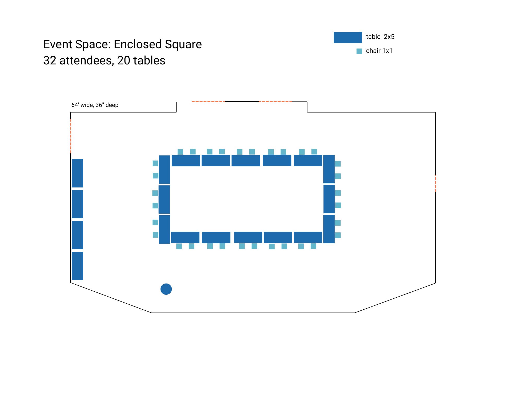 Event Space: Enclosed Square 32 attendees, 20 tables