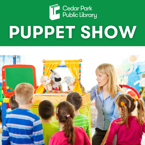 Blond woman playing with puppets in front of an audience of children.