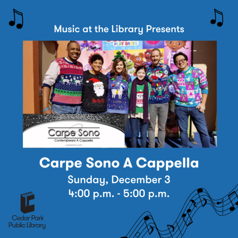 Photo of 6 members of the musical group Carpe Sono in festive winter sweaters posing together