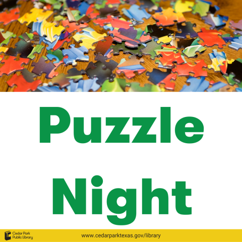 Colorful puzzle pieces scattered on a table with text: Puzzle Night.