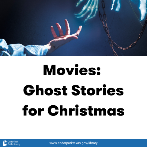 A human hand reaches out to a ghostly skelatal hand with chain draping from it with text: Movie: Ghost Stories for Christmas