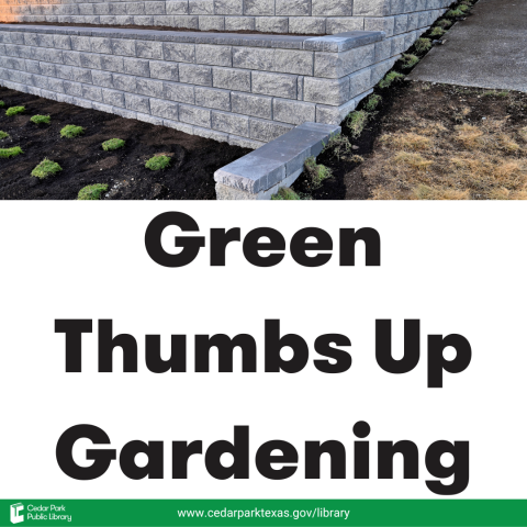 Brick wall by a garden and text: Green Thumbs Up Gardening
