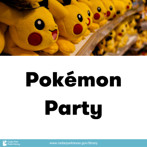 Yellow Pikachu plushies lined up along a shelf. Text reads Pokemon Party.