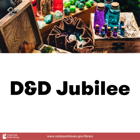 A brown leather drawstring bag of dice, small glass bottles filled with colorful liquid, and an open wooden box. Text reads D&D Jubilee