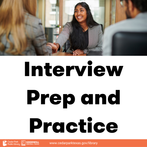 Individual smiling and shaking hands with another person sitting across the table from them with text: Interview Prep and Practice