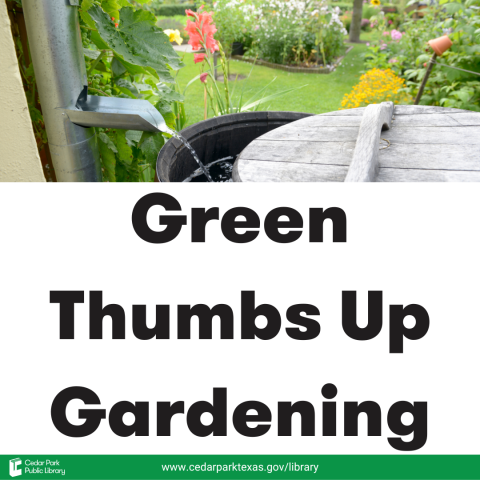 Drain pipe draining water into a barrel with text: Green Thumbs Up Gardening