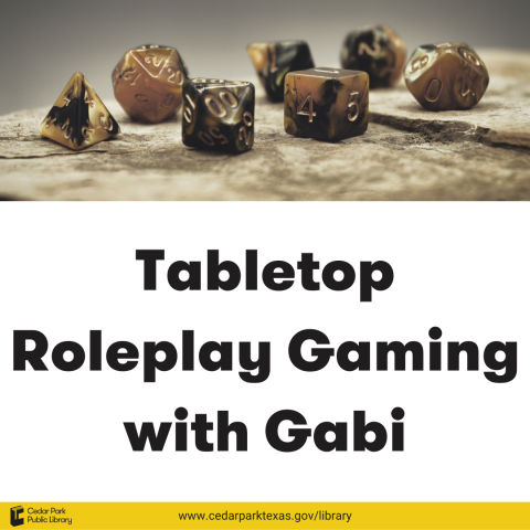 Beige and black set of dice on textured surface with text: Tabletop roleplay gaming with Gabi