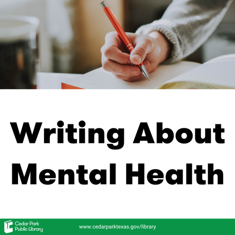 Blank notebook with person holding pen, ready to write with text: Writing About Mental Health