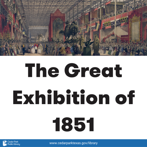 Painting of the inside of the Crystal Palace with text: The Great Exhibition of 1851