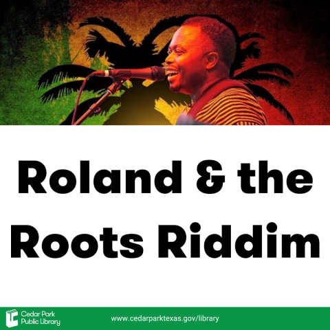 Singer Roland 'Mista Muzic' Kemokai smiling and singing into microphone with text: Roland & The Roots Riddim
