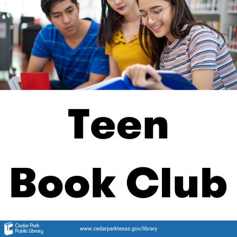 Three teens reading a book together with text: Teen Book Club.