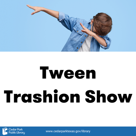 Child wearing blue button down shirt doing a dance move with text reading Tween Trashion Show.
