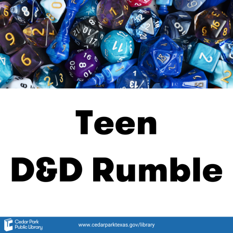 A mixture of different shaped dice with text reading Teen D and D Rumble.