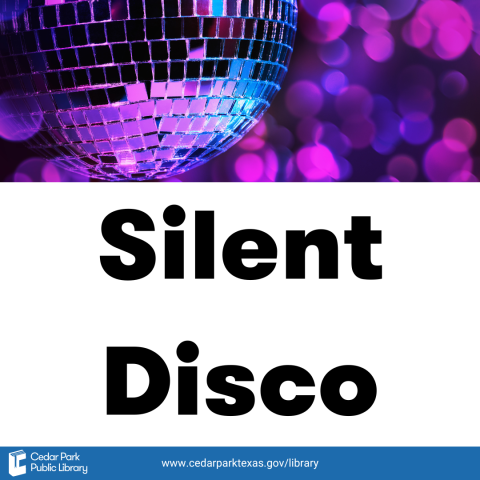Purple blurred lights in the background with disco ball and text: Silent Disco
