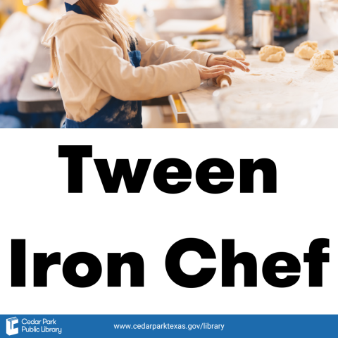 Picture profile of child using a rolling pin to roll out dough with text underneath reading Tween Iron Chef