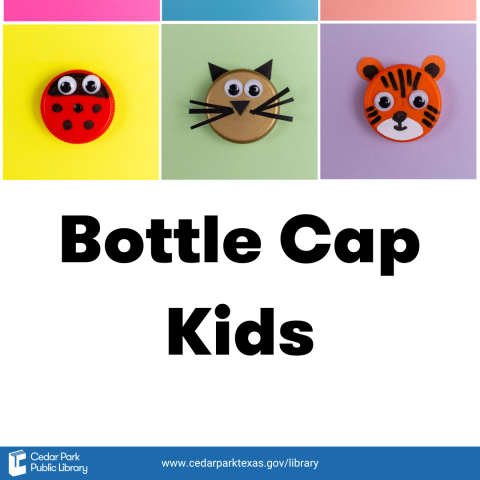 Bottle caps decorated to look like animals on colorful backgrounds and text Bottle Cap Kids.. Text reads Bottle Cap Kids. 