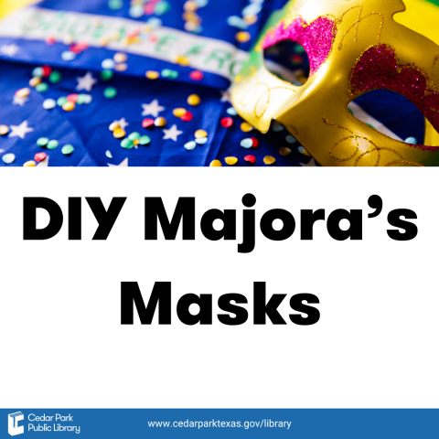 Gold mask on a confetti covered blue background. Text reads DIY Majora's Masks.
