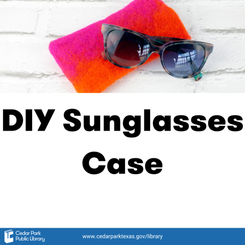 Black sunglasses on top of a pink and red case. Text reads DIY Sunglasses Case