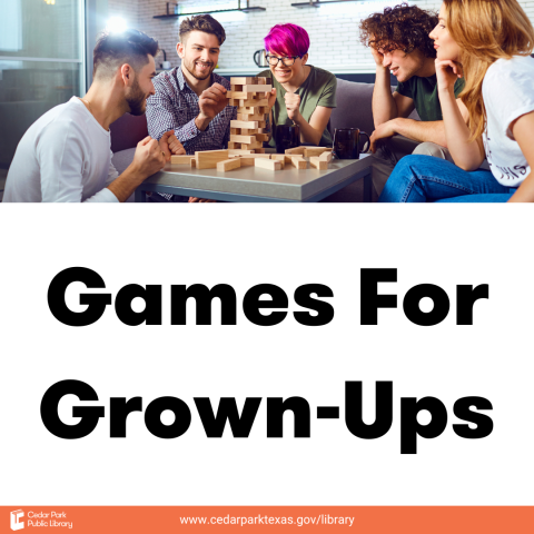 Adults playing a game of Jenga and smiling