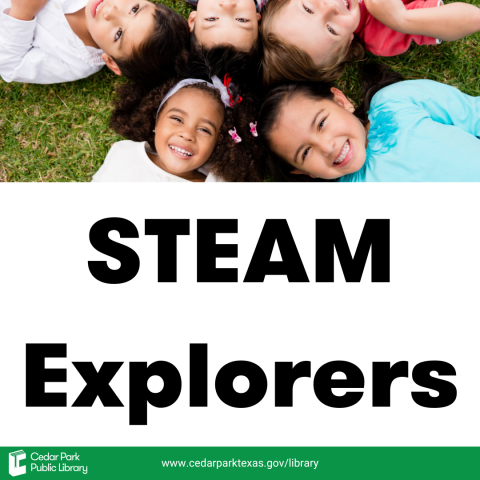 Smiling kids lying on green grass in a circle with text that reads STEAM Explorers.