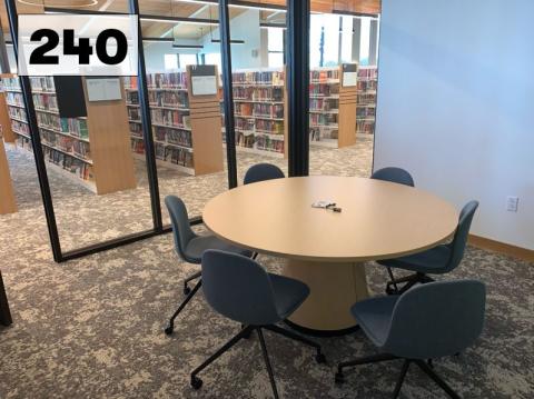 Photo of room 240. 6 chairs. Second floor, across from adult Non-Fiction books.