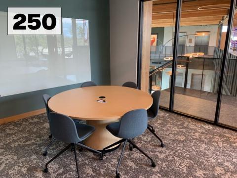 Photo of room 250. 6 chairs. Second floor, across from adult Non-Fiction books.