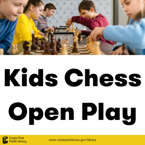 Kids in colorful clothing playing chess. Text reads Kids Chess Open Play.