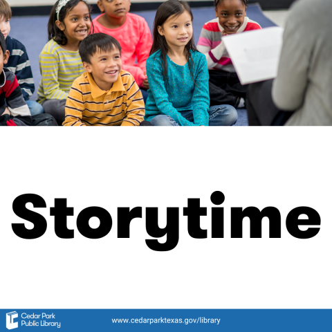 Children in colorful clothing sitting on the floor listening to an adult read a book. Text reads Storytime. 