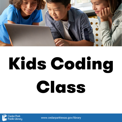 Three kids working on a laptop computer. Text reads Kids Coding Class.