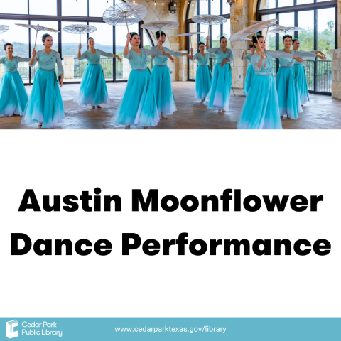 Women dancing in flowing blue dresses. Text reads Austin Moonflower Dance Performance
