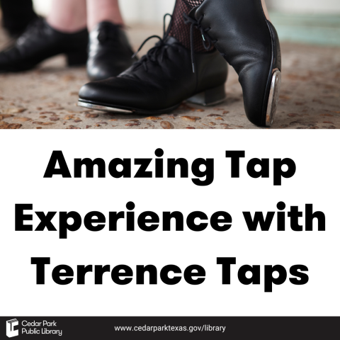 Black tap shoes with the text reading Amazing Tap Experience with Terrence Taps