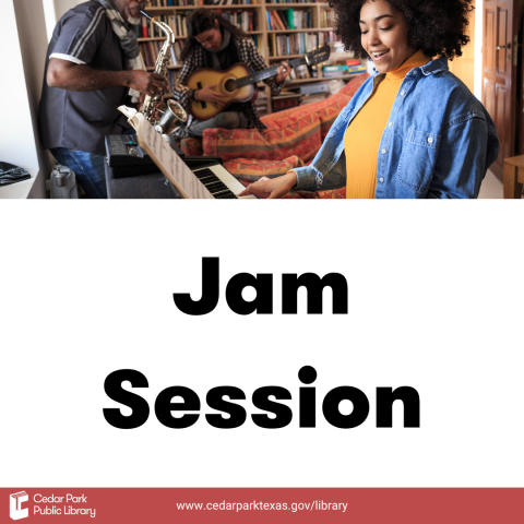 People playing musical instruments while smiling. Text reads: Jam Session