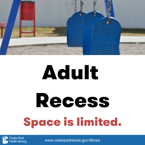 Blue swing set. Text reads: Adult recess. Space is limited