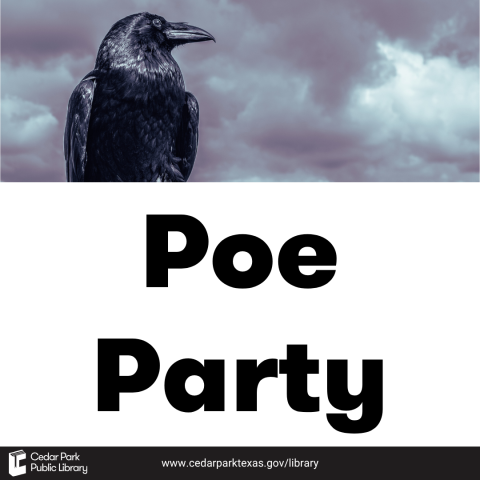 A raven and cloudy sky. Text reads Poe Party.
