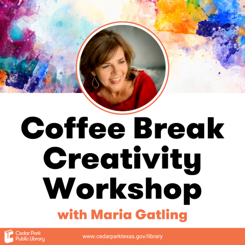 presenter against colorful background. text reads: coffee break creativity workshop with Maria Gatling