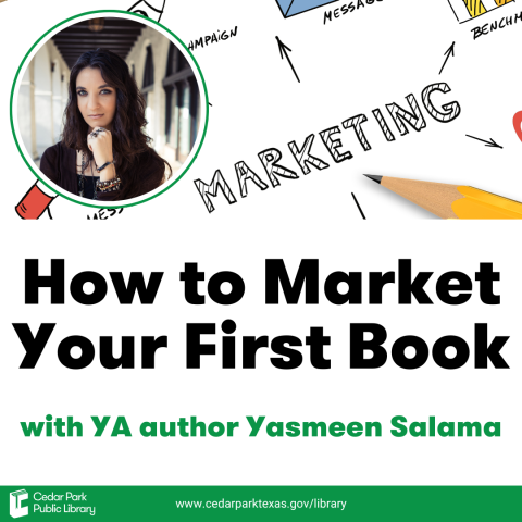 picture of presenter against marketing plan. text reads: how to market your first book with YA author Yasmeen Salama