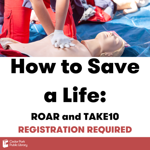 Picture of a CPR class. Test reads: How to save a life: ROAR and Take10. Registration required. 
