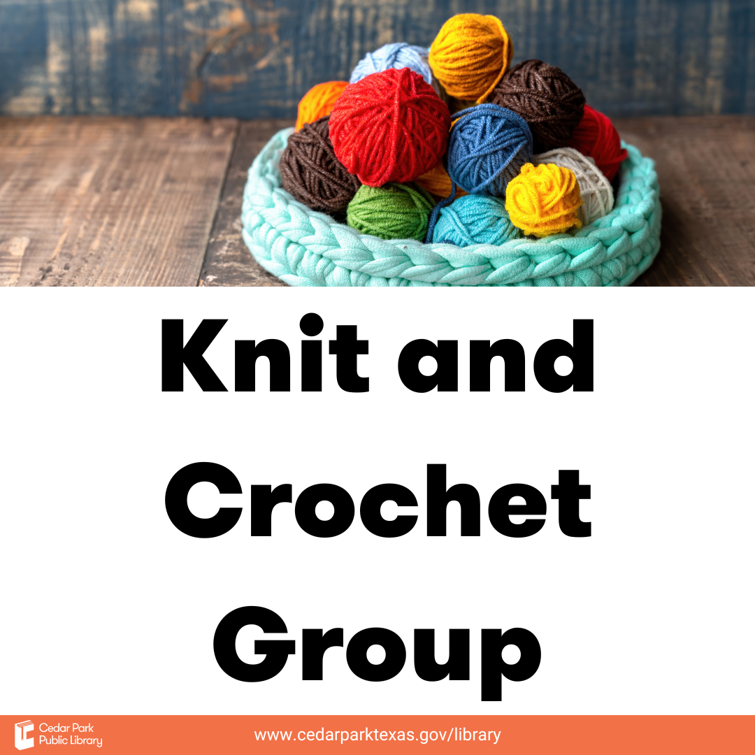 Colorful yarn in a knitted basket. Text reads: Knit and crochet group