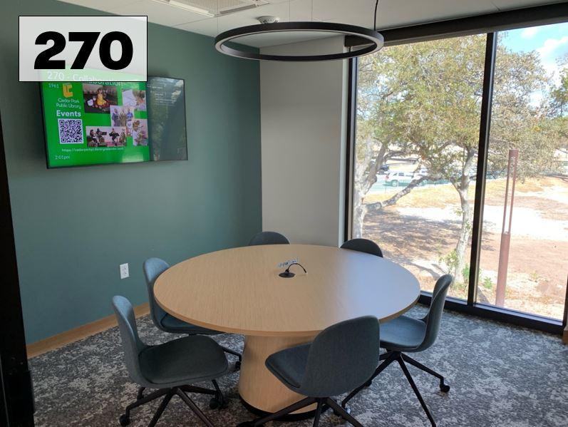 Photo of room 270. 6 chairs. Second floor, across from the public computers.