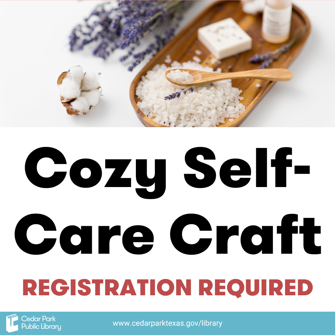 Bath salts and lavendar on a wooden tray with text reading Cozy Self-Care Craft