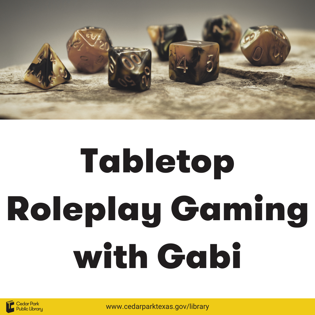 Set of dice. Text reads: Tabletop Roleplay Gaming with Gabi