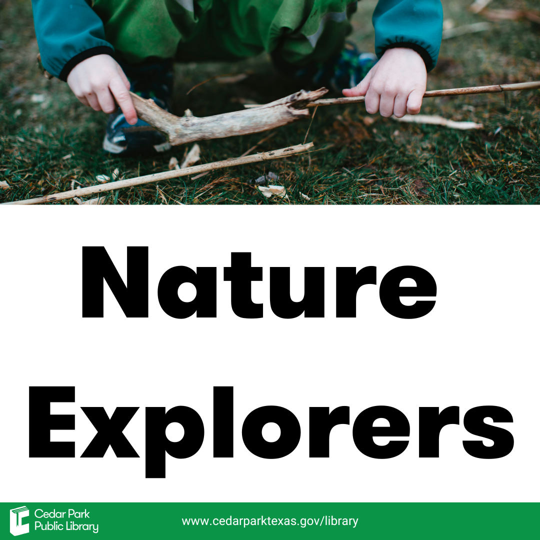 Child picking up sticks. Text reads Nature Explorers.