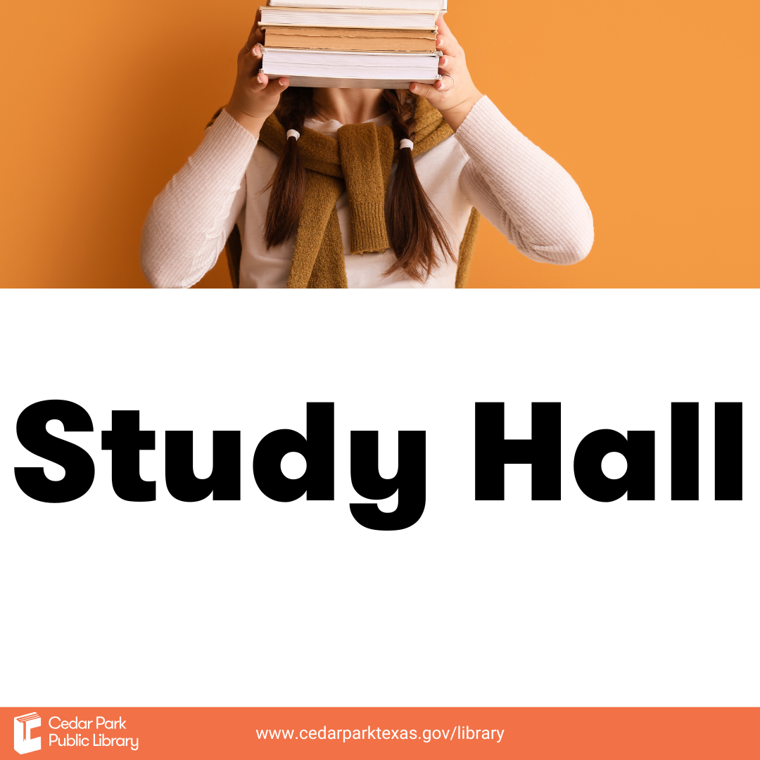 A girl with books standing in front of an orange background. Black text reads Study Hall.