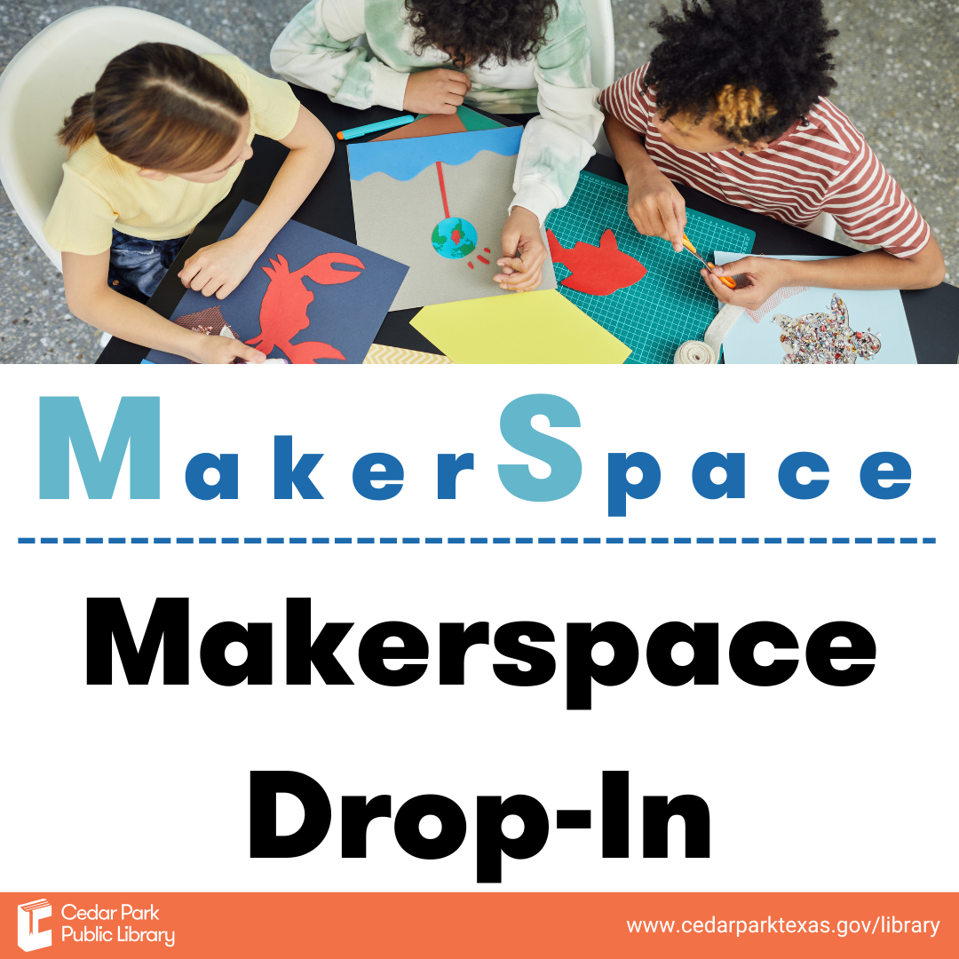 Young people making cut paper art. Text reads Makerspace Drop-In