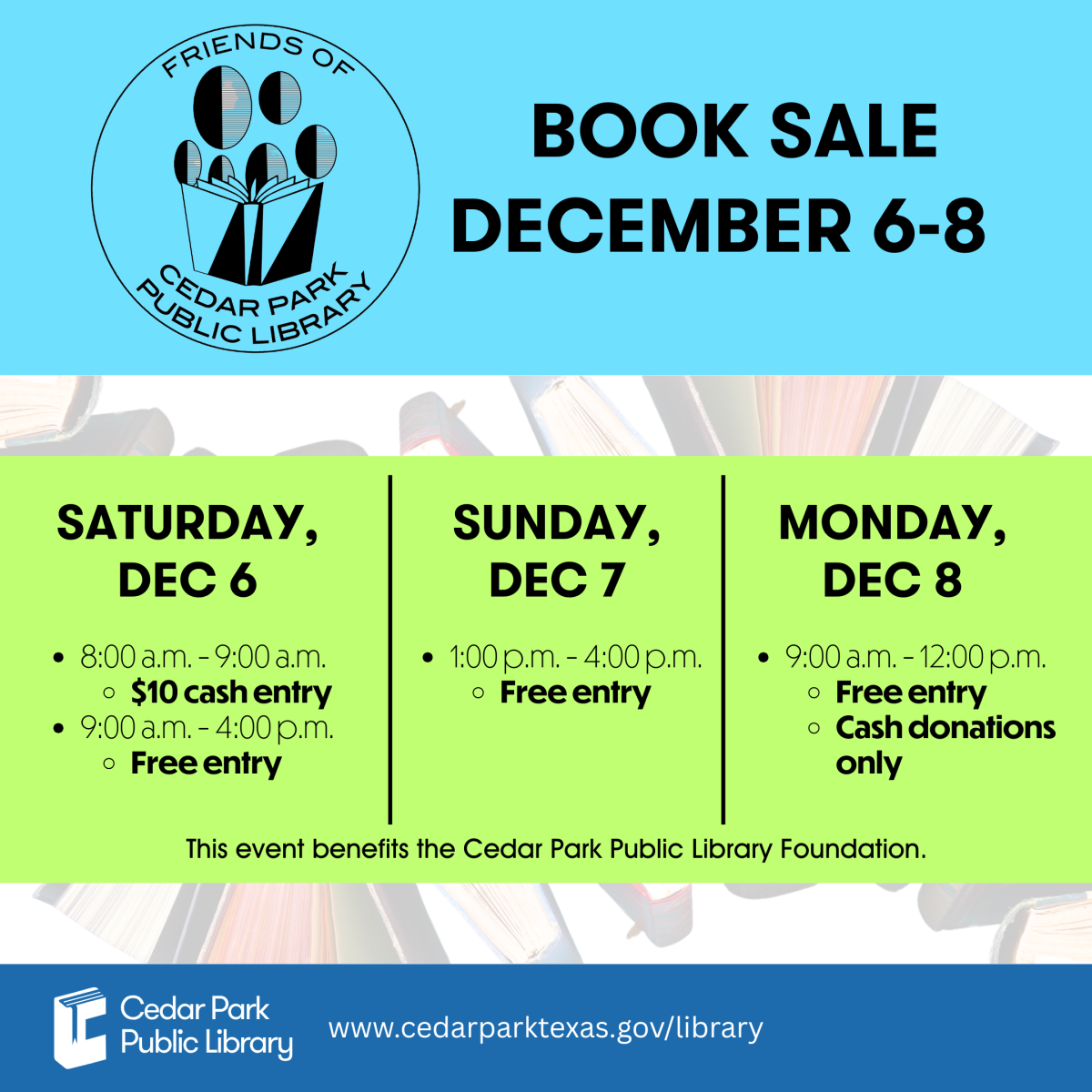 Graphic of book spines with text reading Friends of the Cedar Park Public Library Book Sale