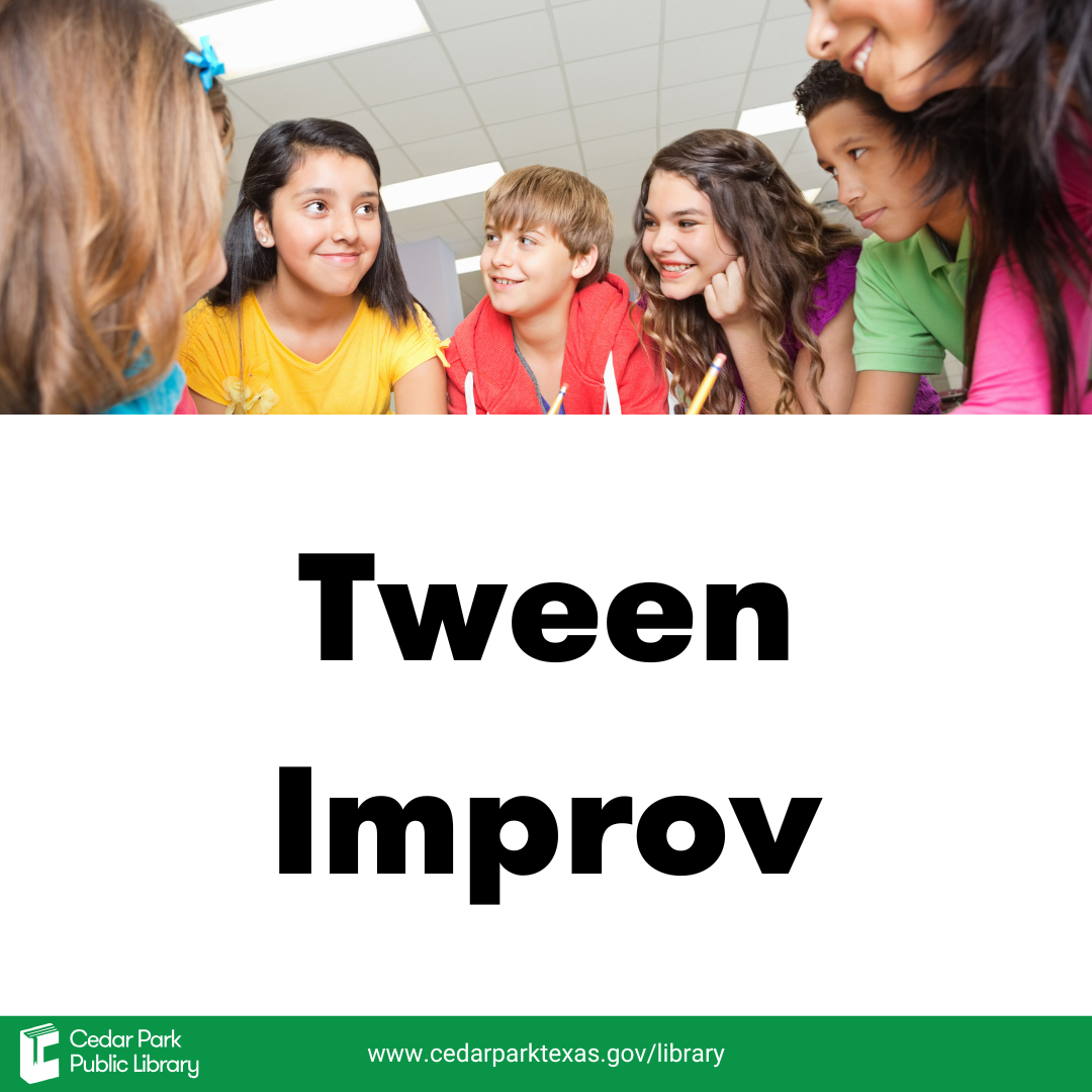 Kids in colorful shirts in a circle; black text reads Tween Improv