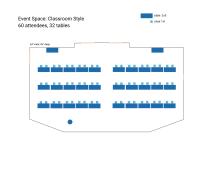 Event Space: Classroom Style 60 attendees, 32 tables